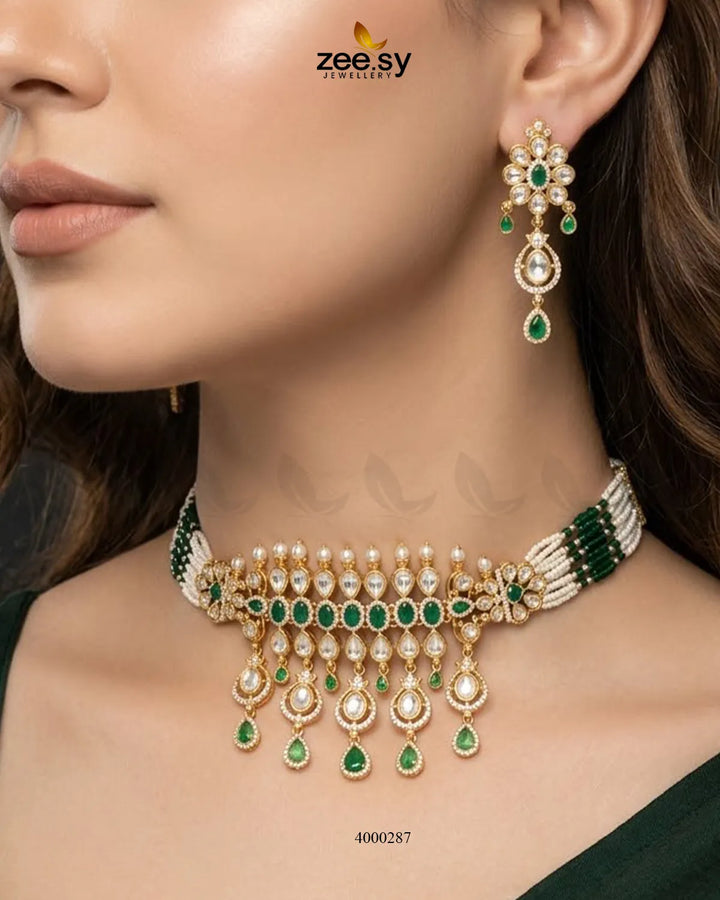 RHS09 Classic Teardrop Choker Set necklace with teardrop pendant and matching earrings in gold-green tones