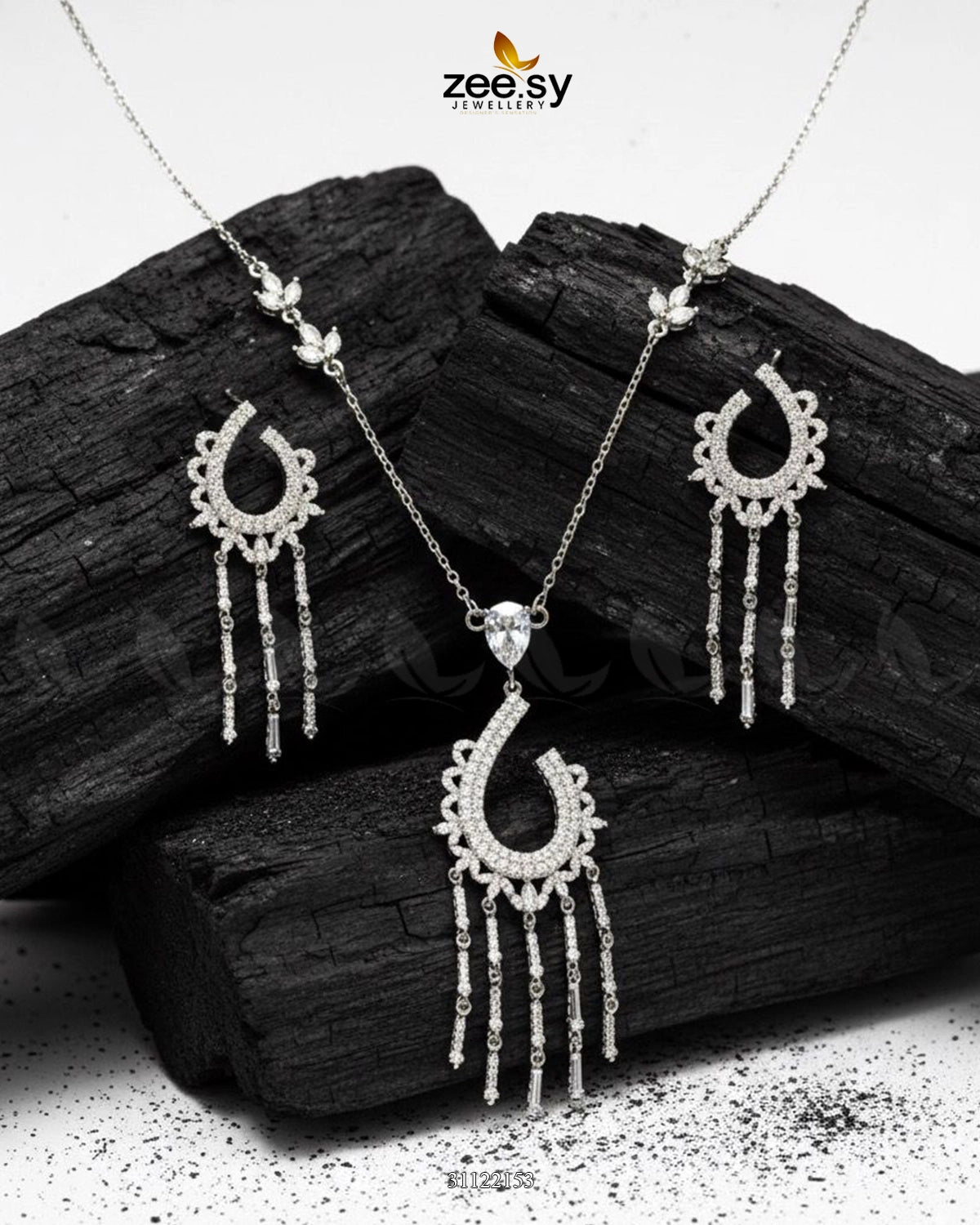 Crescent Tassel Drop Necklace Set Silver - Zeesy Jewellery