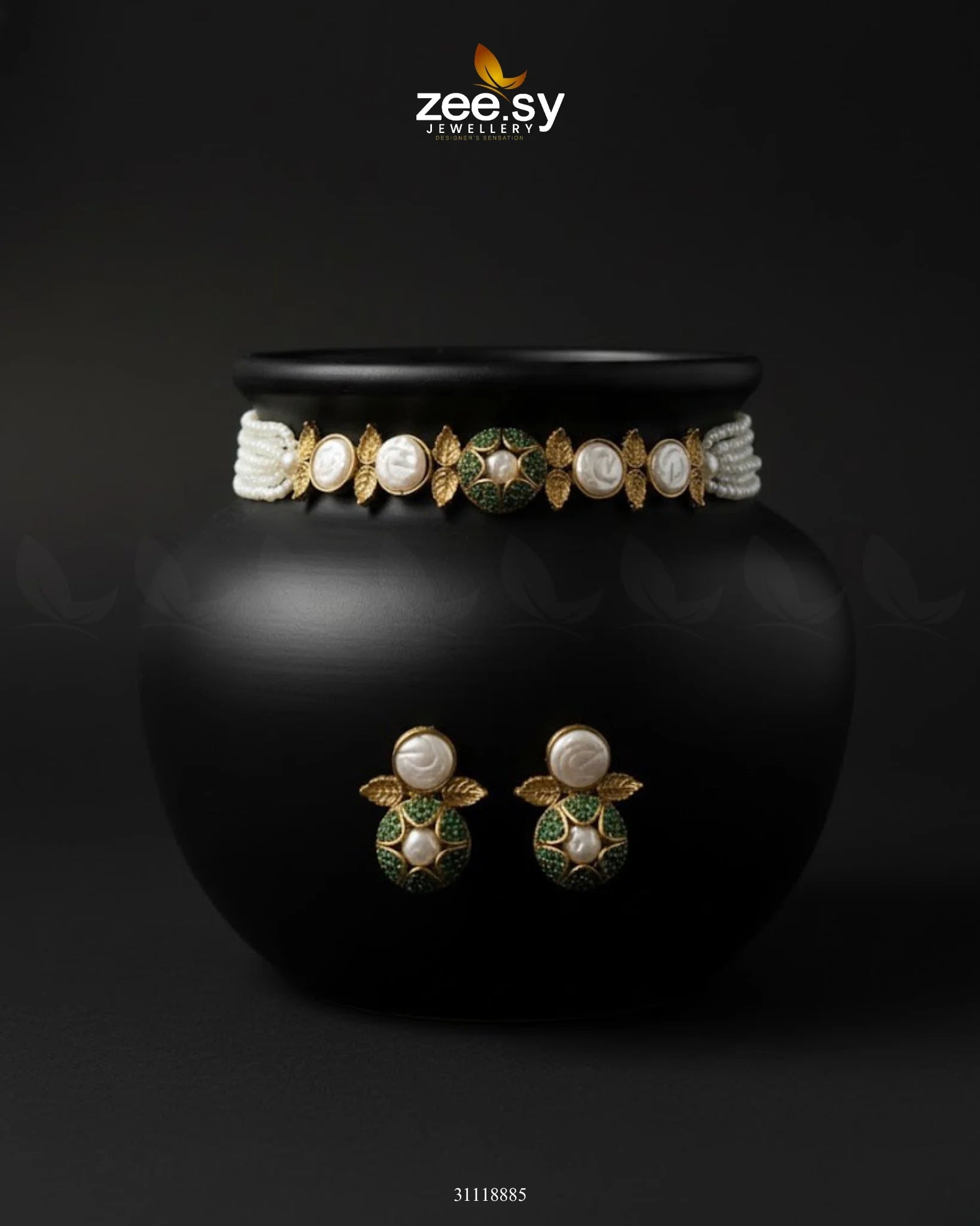 Crest Choker Necklace Set Green - Zeesy Jewellery