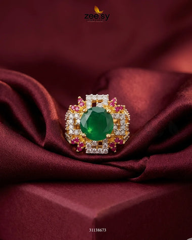 Crimson Frame Pearl Ring Golden Ruby & Green Finger Ring - Zeesy Jewellery Pakistan | Premium Artificial & Imitation Jewellery