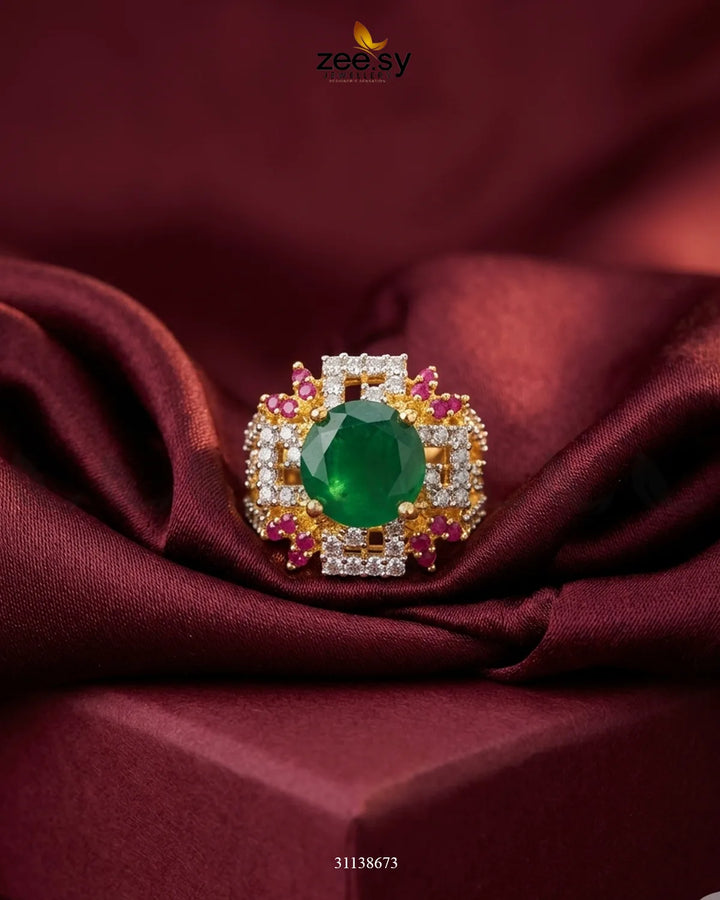 Crimson Frame Pearl Ring Golden Ruby & Green Finger Ring - Zeesy Jewellery Pakistan | Premium Artificial & Imitation Jewellery