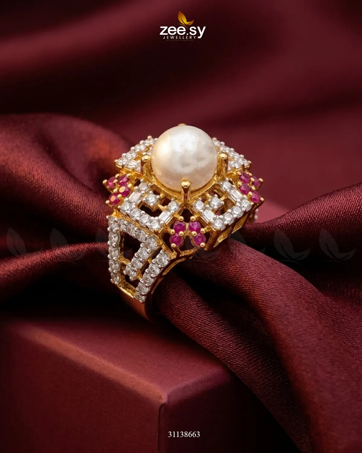 Crimson Frame Pearl Ring Golden Ruby & Pearl Finger Ring - Zeesy Jewellery Pakistan | Premium Artificial & Imitation Jewellery