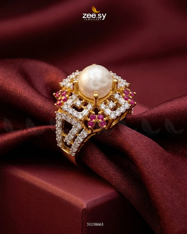 Crimson Frame Pearl Ring Golden Ruby & Pearl Finger Ring - Zeesy Jewellery Pakistan | Premium Artificial & Imitation Jewellery