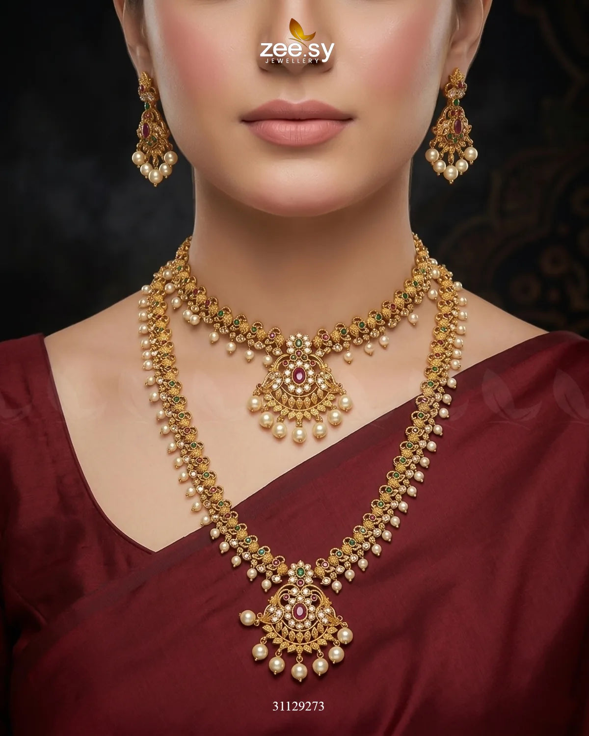 Crimson Gems Stone Malla Set Malla Necklace - Zeesy Jewellery Pakistan | Premium Artificial & Imitation Jewellery