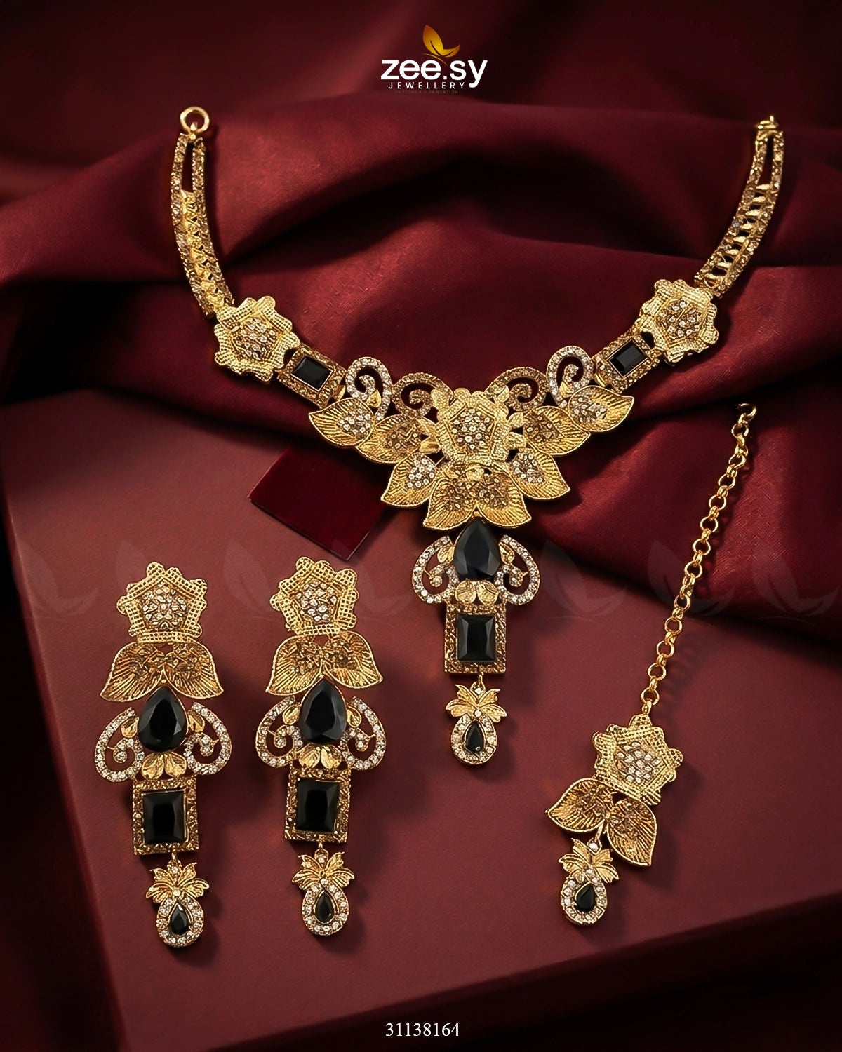 Crimson Gemstone Hasli Necklace Set Black Bridal Set - Zeesy Jewellery Pakistan | Premium Artificial & Imitation Jewellery