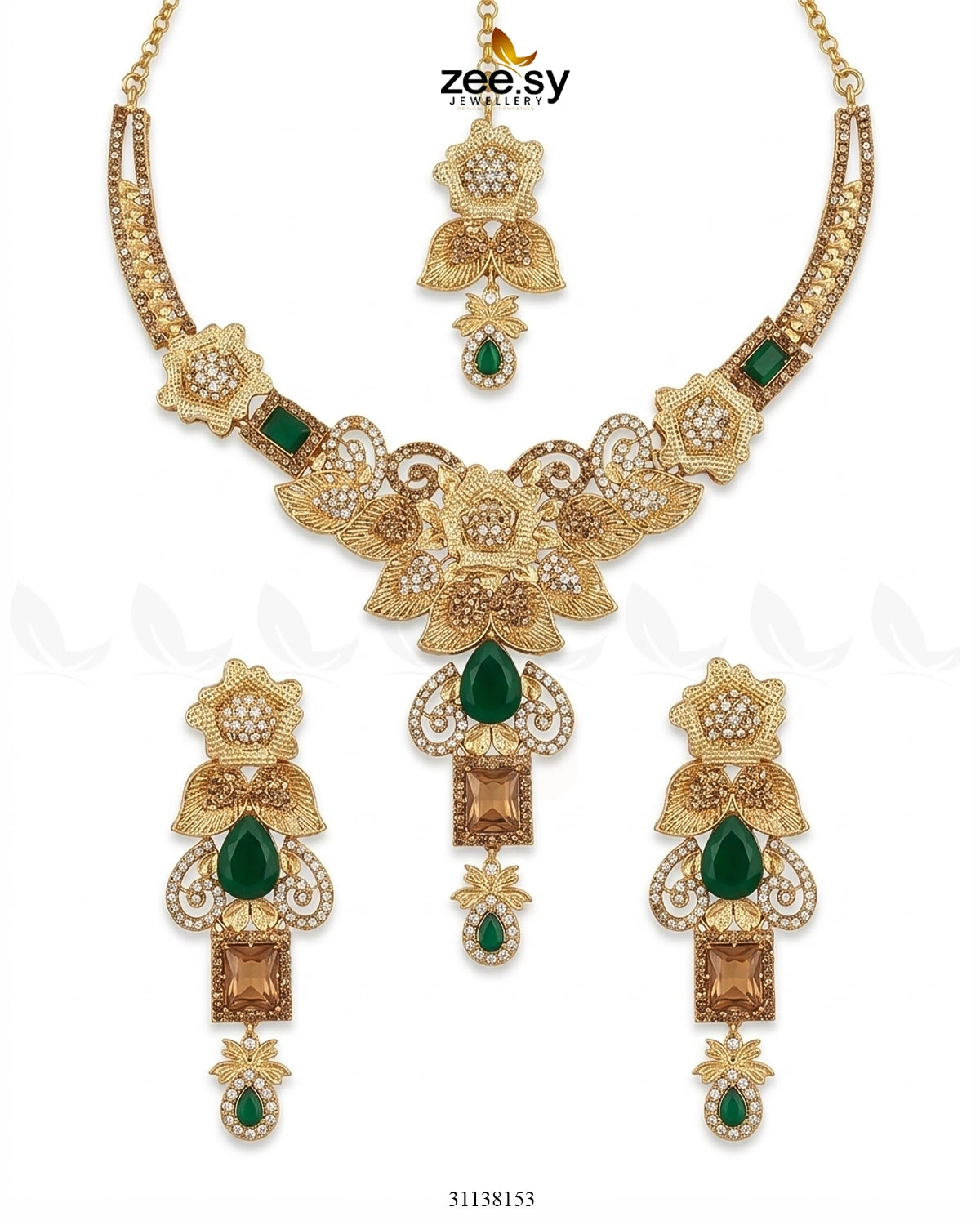 Crimson Gemstone Hasli Necklace Set Green Bridal Set - Zeesy Jewellery Pakistan | Premium Artificial & Imitation Jewellery