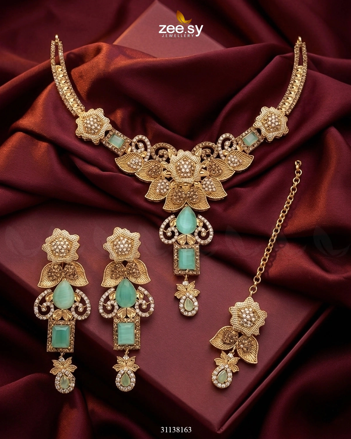 Crimson Gemstone Hasli Necklace Set Mint Green Bridal Set - Zeesy Jewellery Pakistan | Premium Artificial & Imitation Jewellery