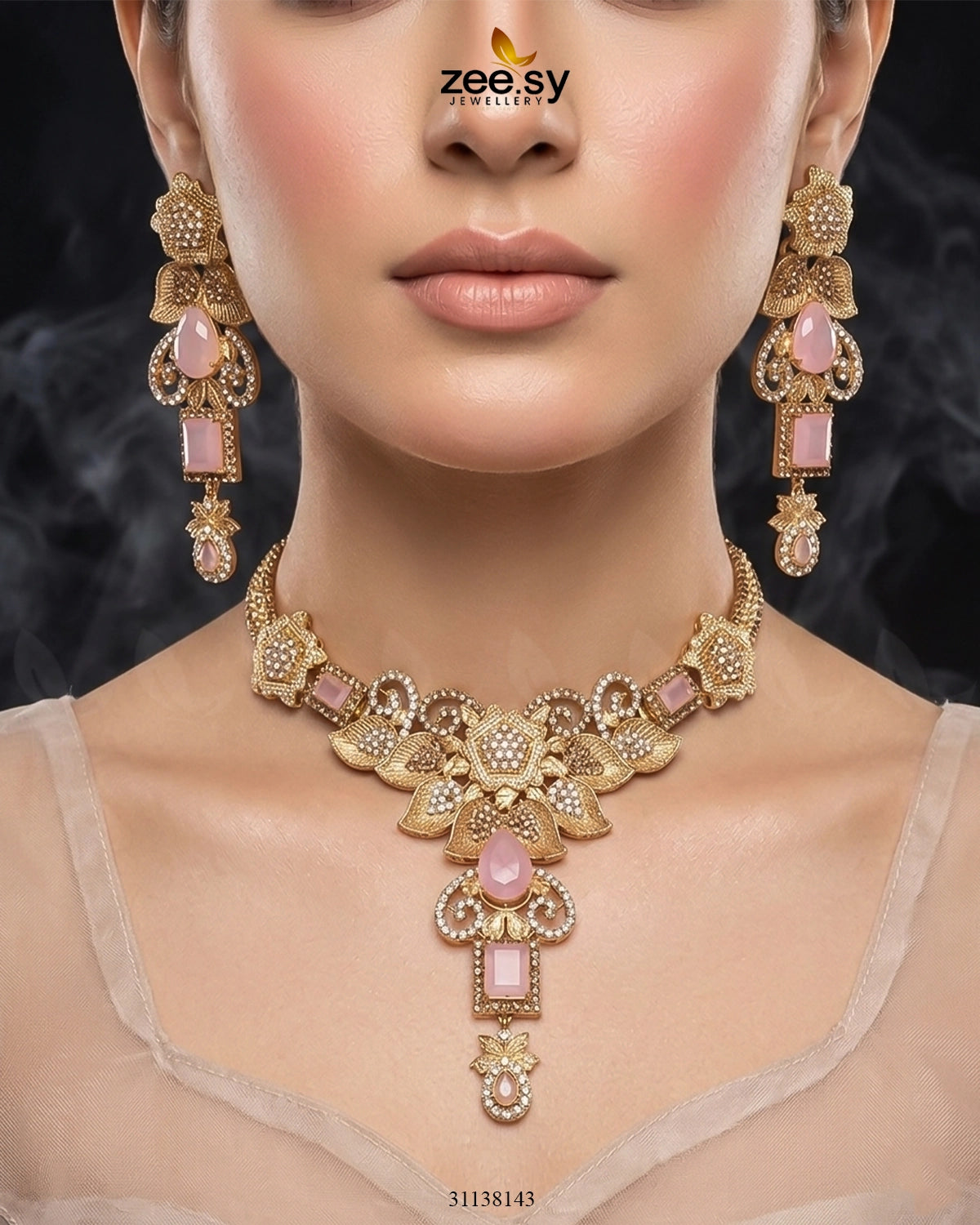 Crimson Gemstone Hasli Necklace Set Mint Pink Bridal Set - Zeesy Jewellery Pakistan | Premium Artificial & Imitation Jewellery