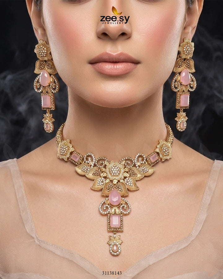 Crimson Gemstone Hasli Necklace Set Mint Pink Bridal Set - Zeesy Jewellery Pakistan | Premium Artificial & Imitation Jewellery