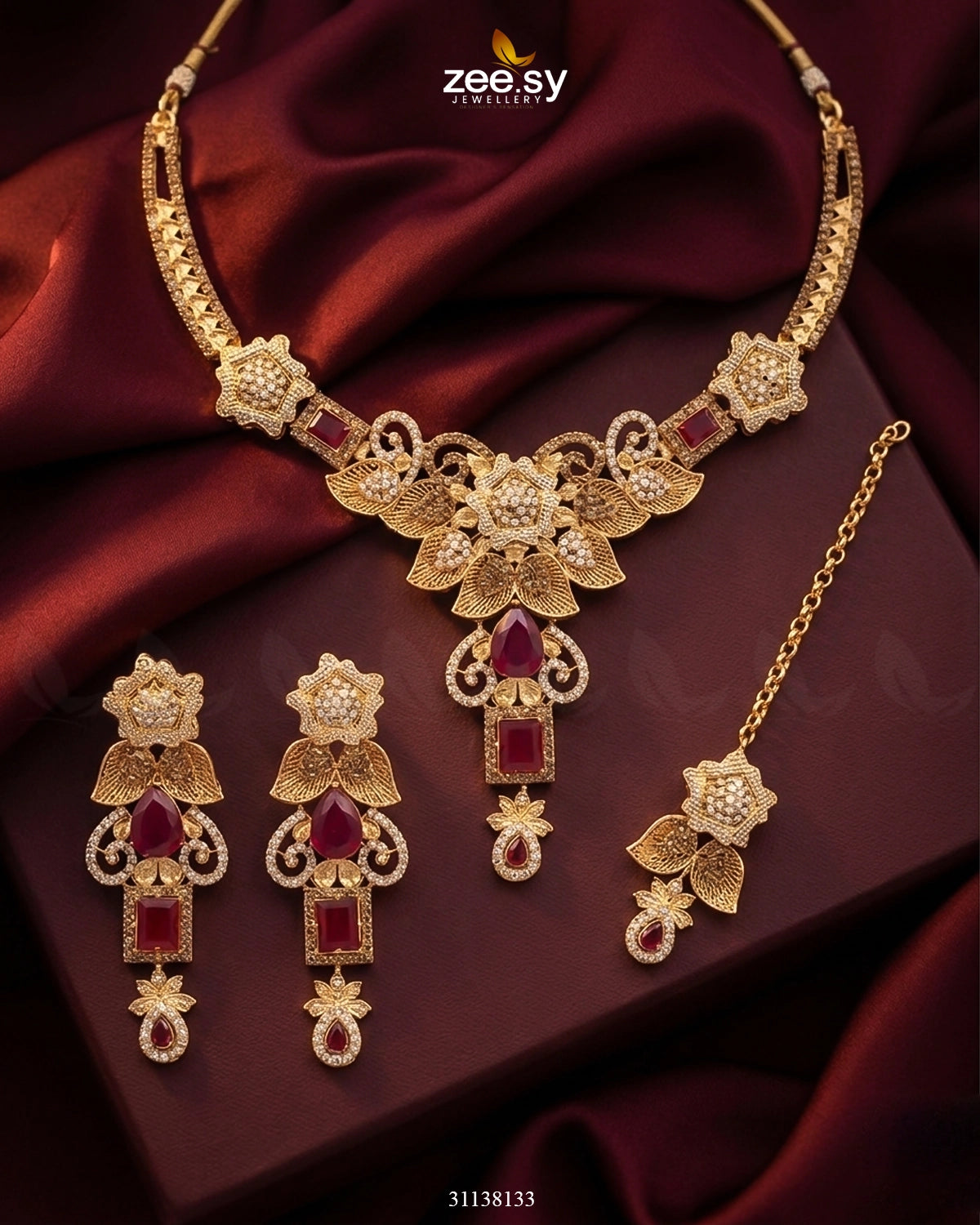 Crimson Gemstone Hasli Necklace Set Red Bridal Set - Zeesy Jewellery Pakistan | Premium Artificial & Imitation Jewellery