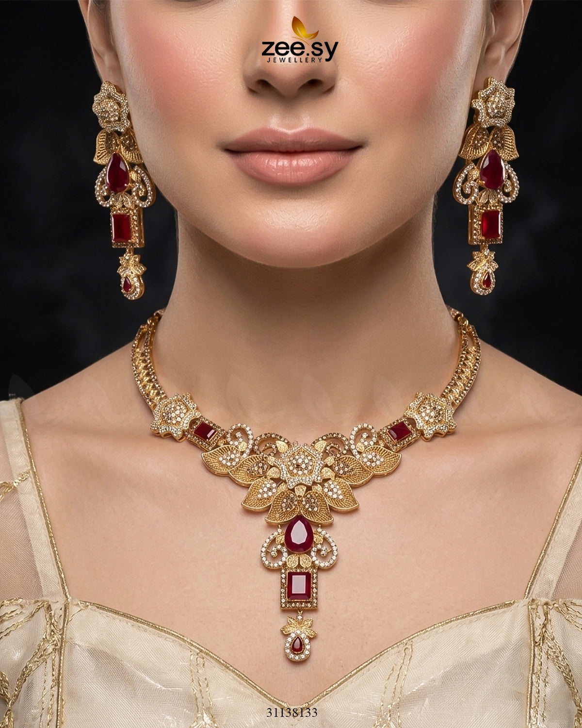 Crimson Gemstone Hasli Necklace Set Bridal Set - Zeesy Jewellery Pakistan | Premium Artificial & Imitation Jewellery