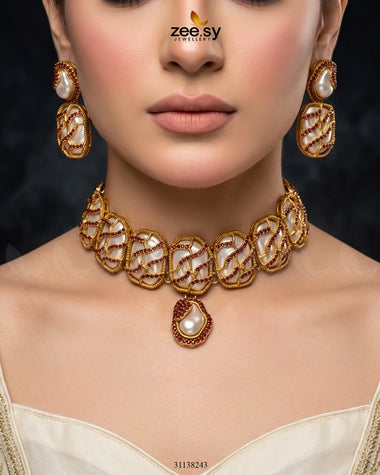 Crimson Wave Pearl Choker Set Red choker - Zeesy Jewellery Pakistan | Premium Artificial & Imitation Jewellery