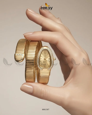 AJ03 Crystal Bezel Snake Watch with champagne dial, featuring a crystal-accented bezel and elegant snake design.