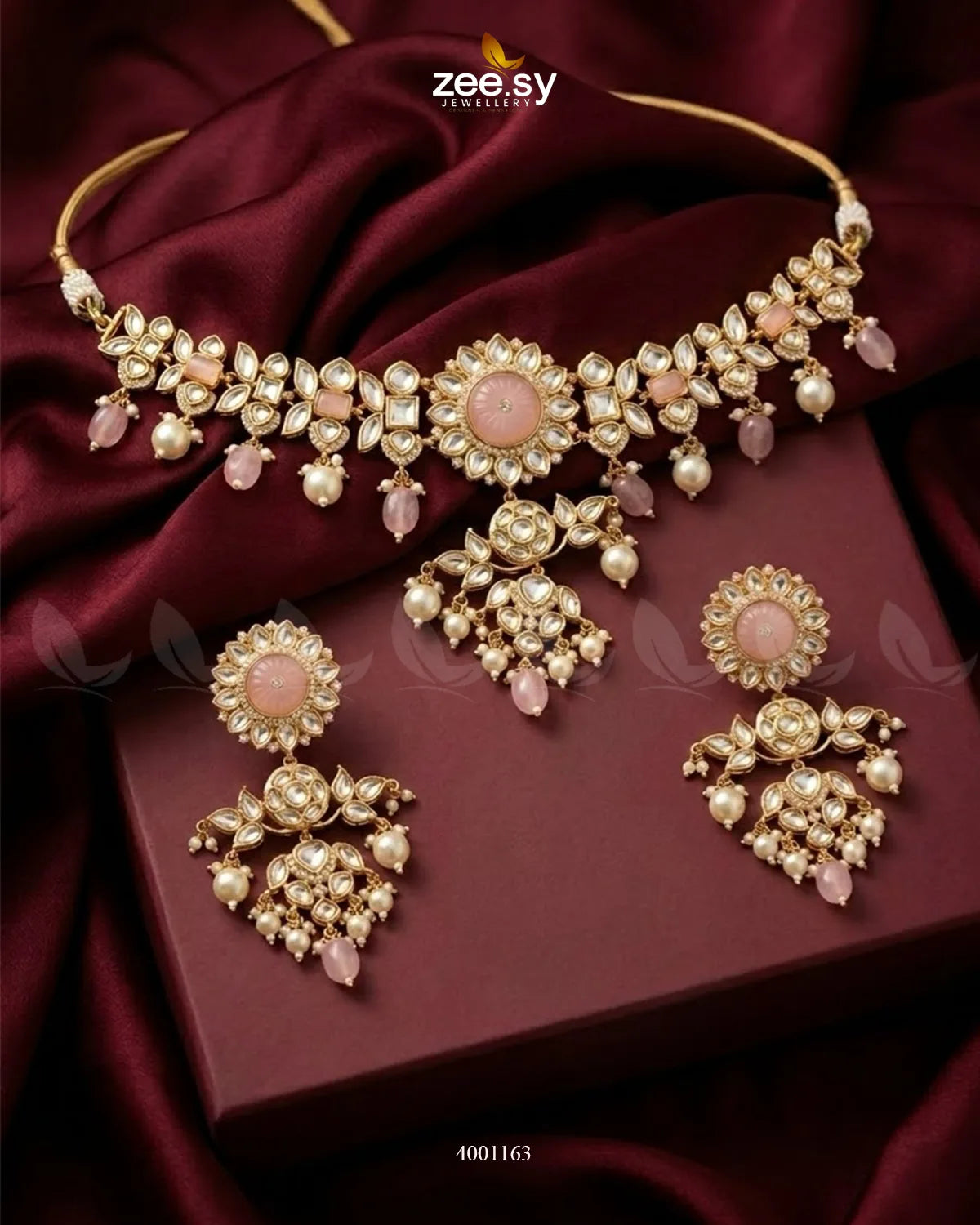 RHS09 Cypress floral pearl necklace set with pink beads and intricate floral design, perfect for elegant occasions.