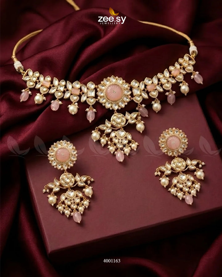 RHS09 Cypress floral pearl necklace set with pink beads and intricate floral design, perfect for elegant occasions.
