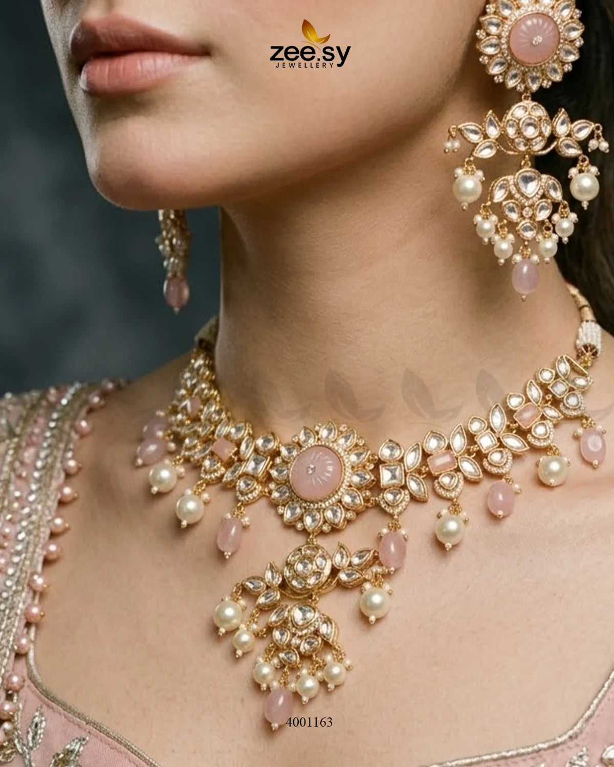 Pink Cypress floral pearl necklace set from RHS09 featuring elegant pearl and floral design, perfect for special occasions.