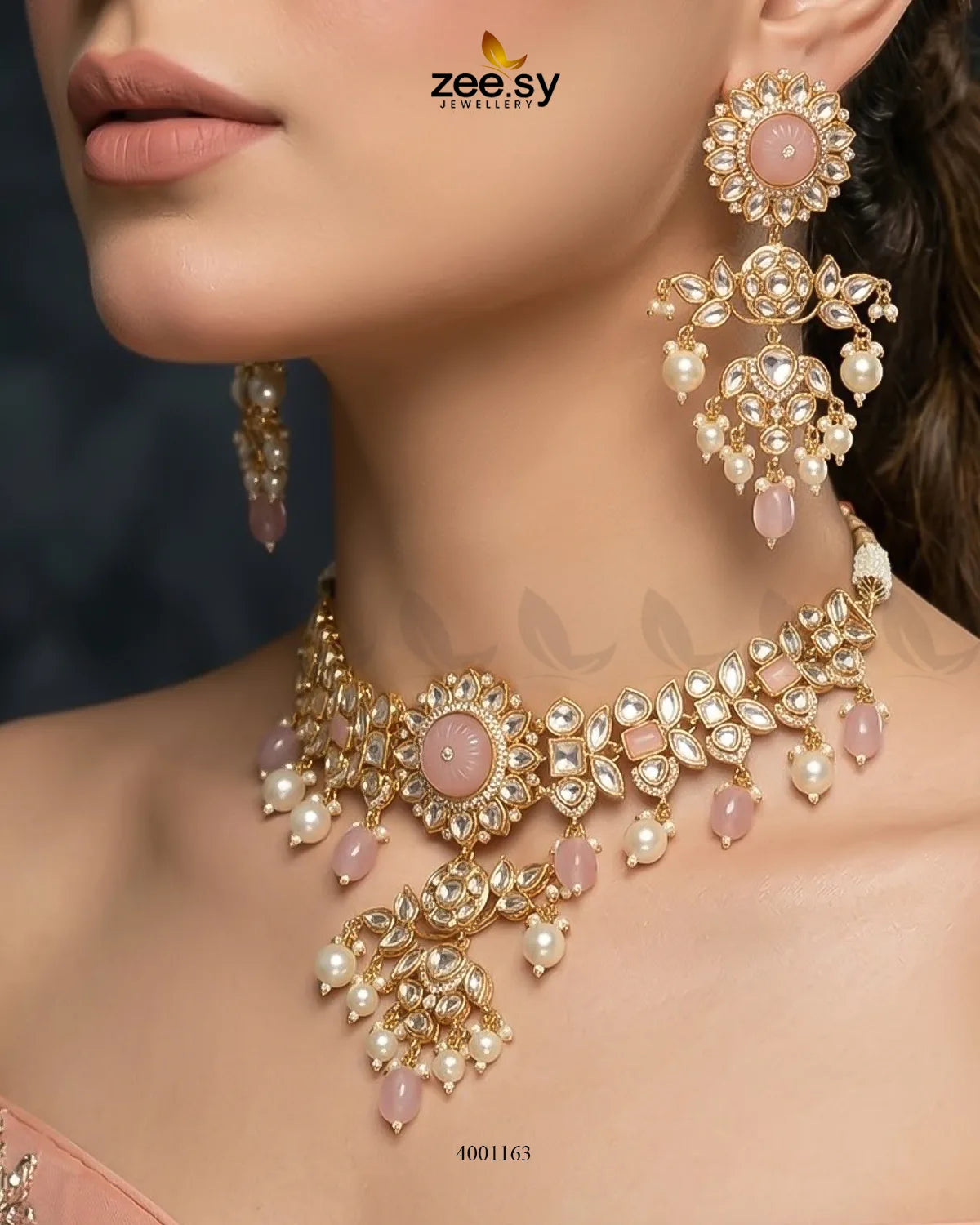 Pink floral pearl necklace set with matching earrings from RHS09, featuring elegant floral design and lustrous pearls.