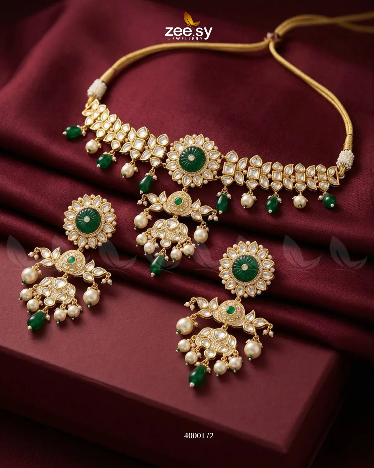 RHS09 Cypress floral pearl necklace set with green floral pendant and matching earrings