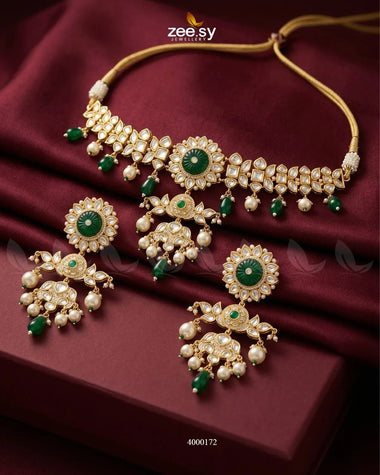 RHS09 Cypress floral pearl necklace set with green floral pendant and matching earrings