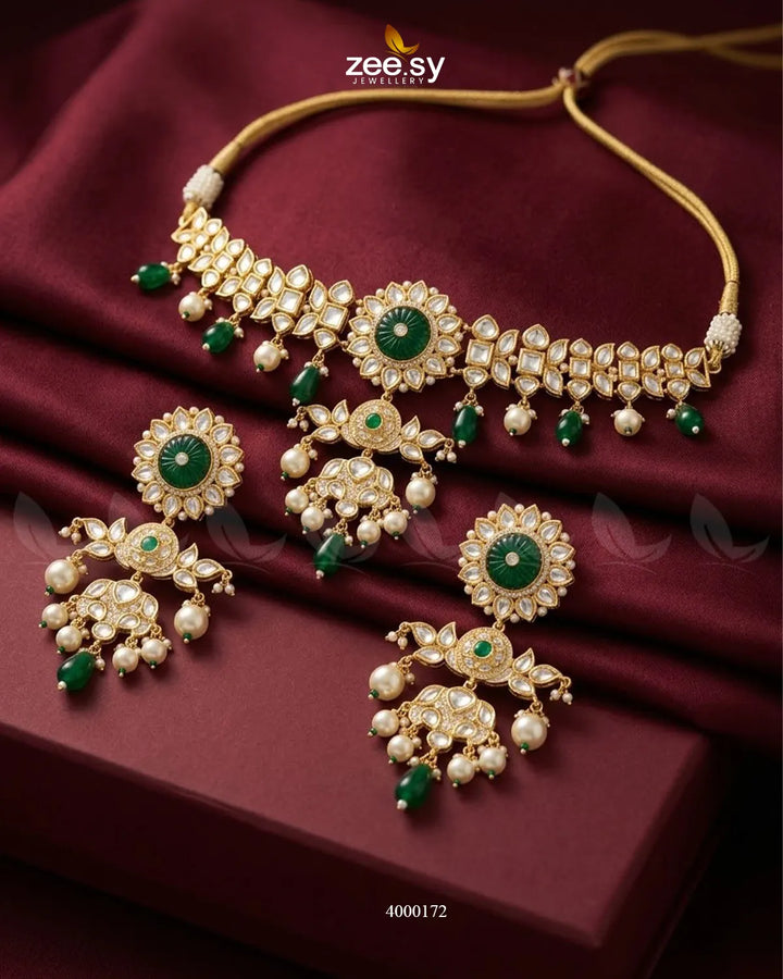 RHS09 Cypress floral pearl necklace set with green floral pendant and matching earrings