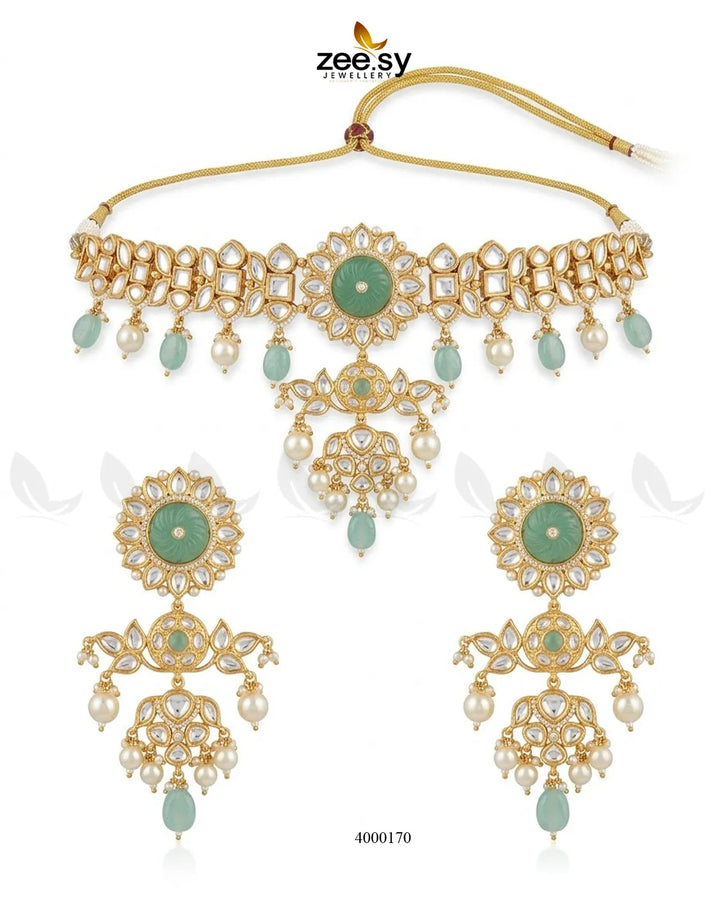 RHS09 Cypress floral pearl necklace set in mint green with matching jewelry pieces
