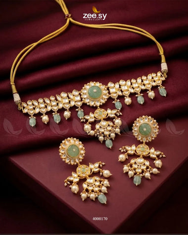 RHS09 Cypress floral pearl necklace set in mint green with layered floral pendant and matching earrings