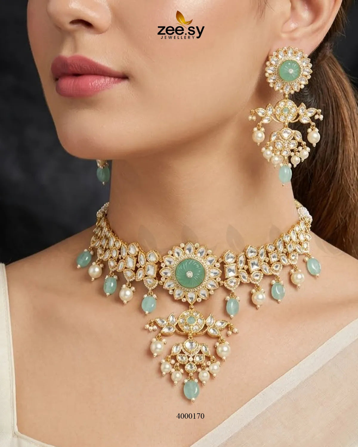 RHS09 Cypress floral pearl necklace set in mint green, featuring a delicate floral design and matching jewelry pieces