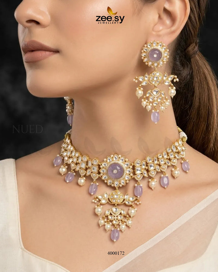 RHS09 Cypress floral pearl necklace set in purple with elegant floral and pearl detailing