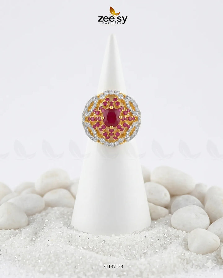 Dahlia Gemstone Zircon Ring Golden Ruby & Red Finger Ring - Zeesy Jewellery Pakistan | Premium Artificial & Imitation Jewellery