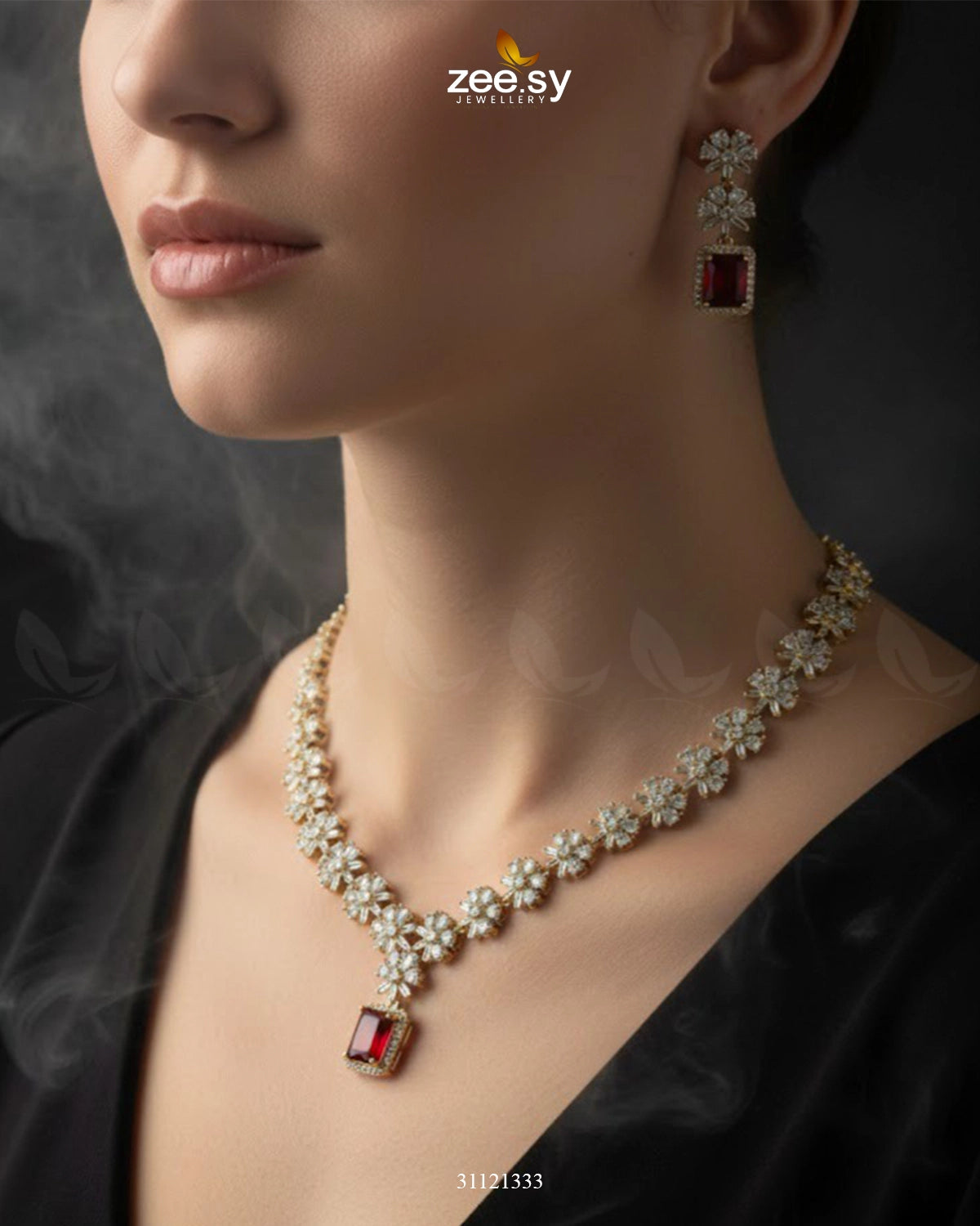 Dainty Crystal Cluster Necklace Set Golden Red - Zeesy Jewellery