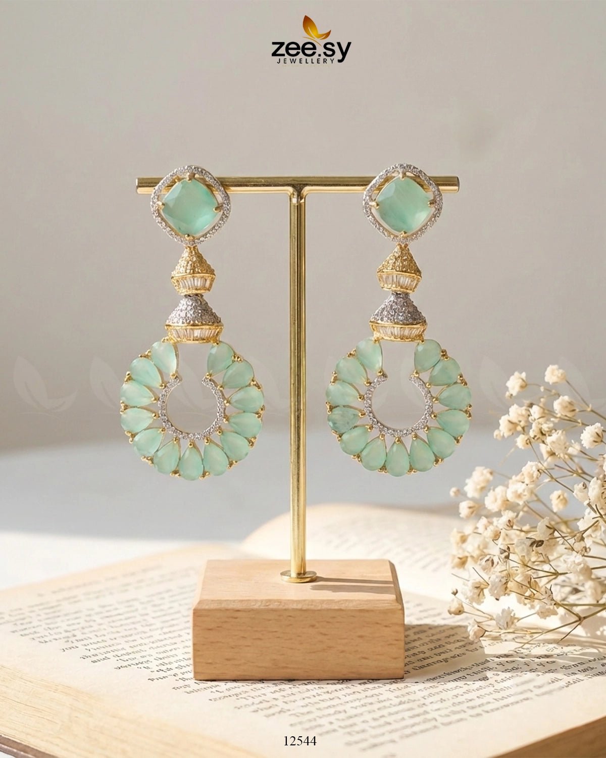 Decorative Earrings Golden Mint Green Earrings - Zeesy Jewellery Pakistan | Premium Artificial & Imitation Jewellery