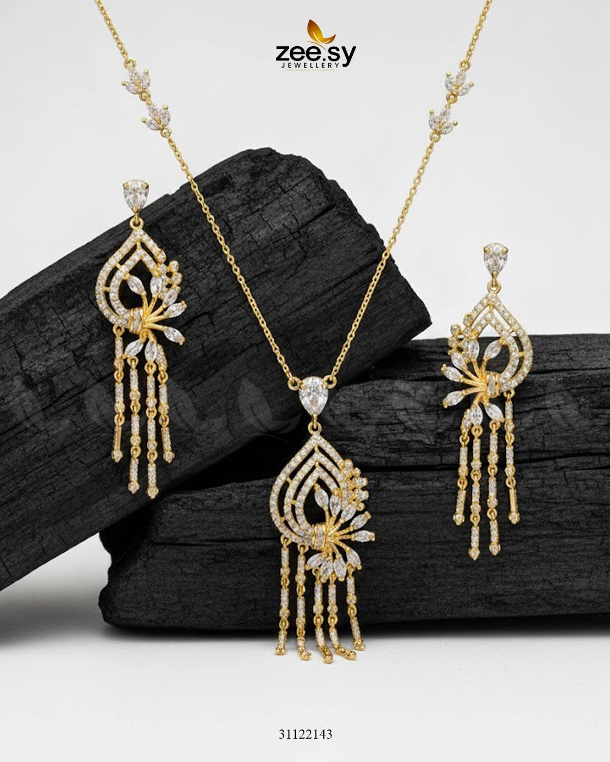 Diamond Lantern Drop Necklace Set Golden - Zeesy Jewellery