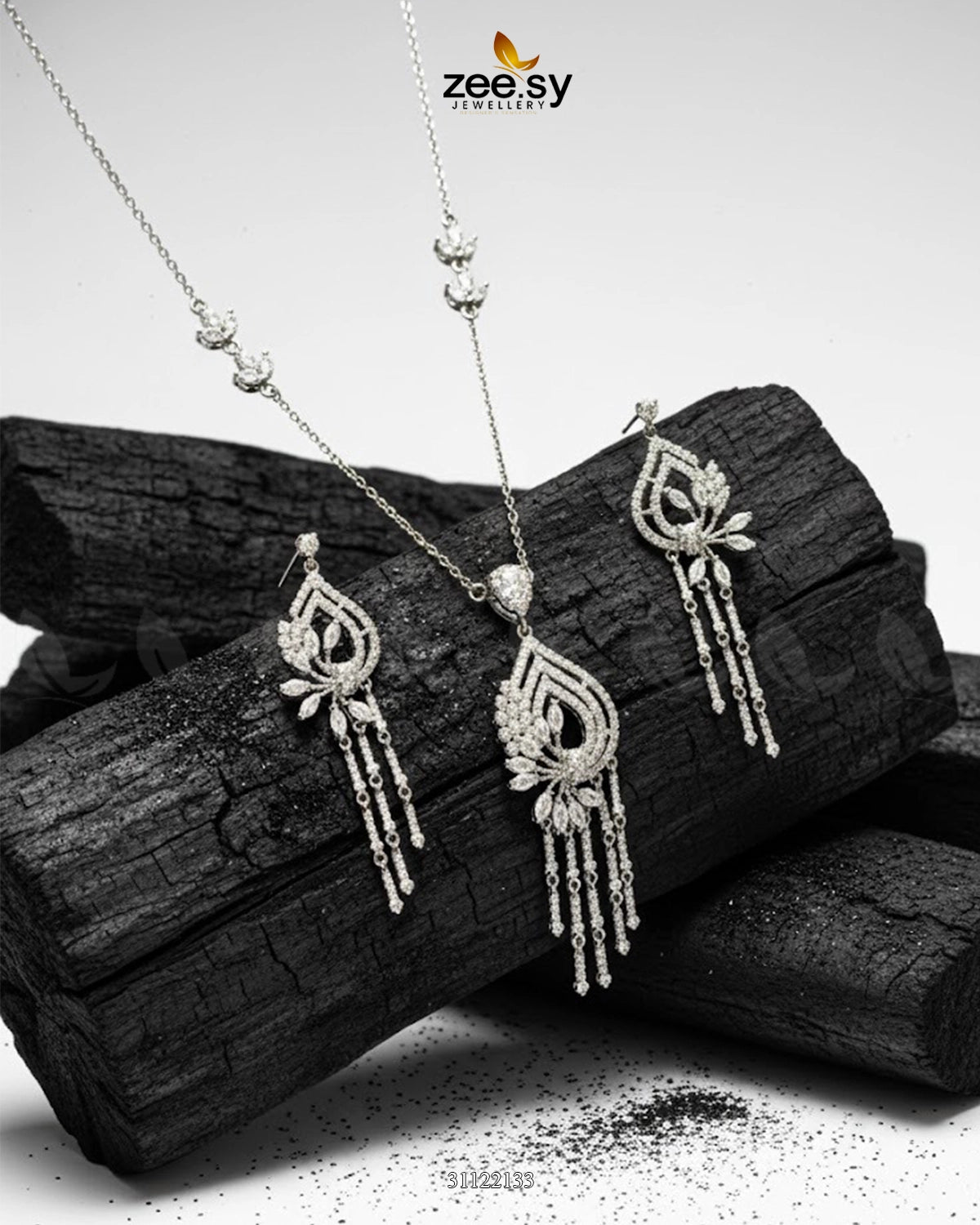 Diamond Lantern Drop Necklace Set Silver - Zeesy Jewellery