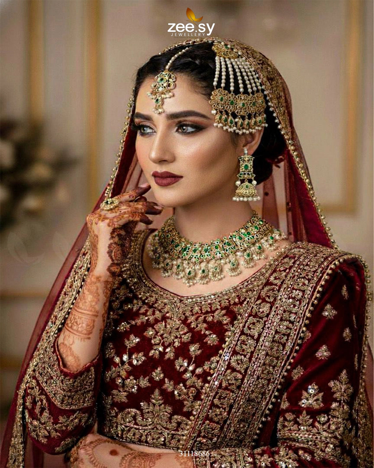 Dynasty Bridal Necklace Set Golden Green - Zeesy Jewellery