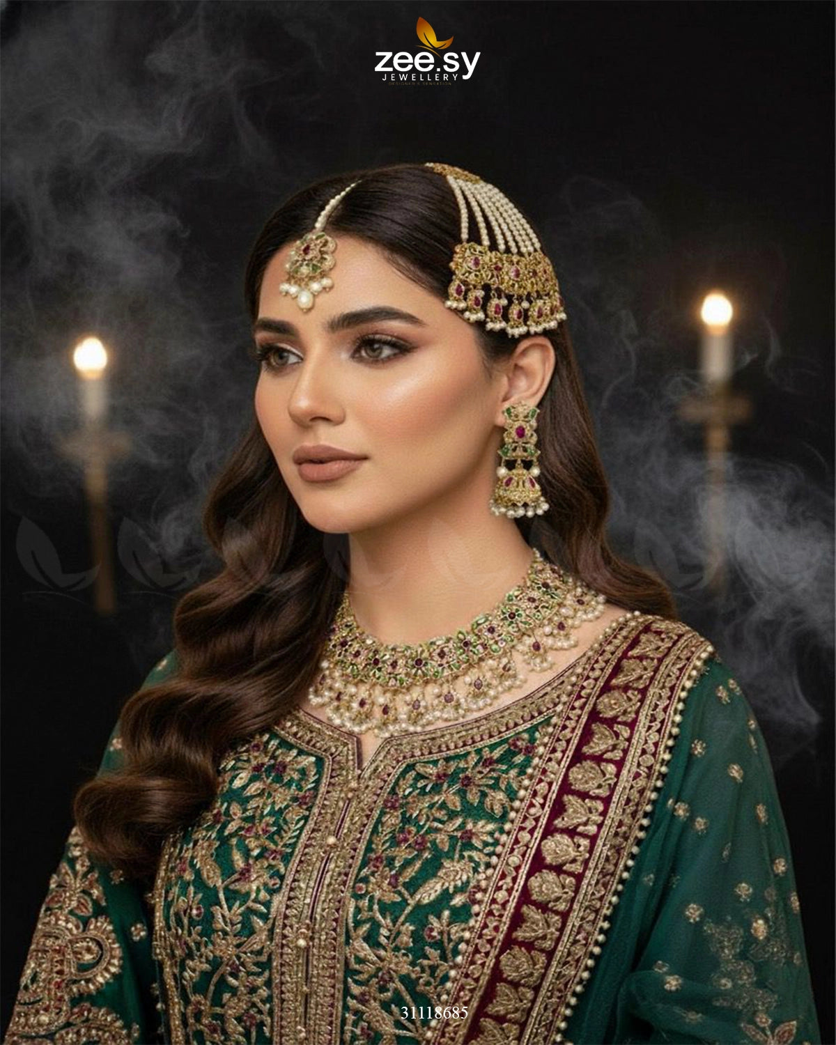 Dynasty Bridal Necklace Set Golden Red & Green - Zeesy Jewellery