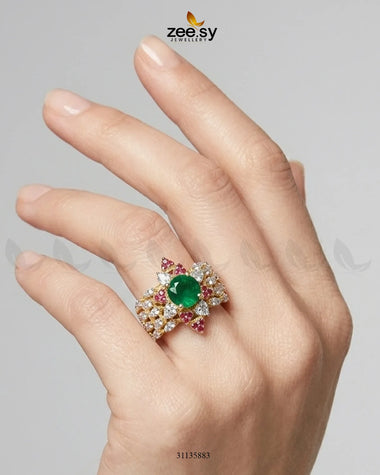 Elegant Center Stone Ring Golden Ruby & Green Finger Ring - Zeesy Jewellery Pakistan | Premium Artificial & Imitation Jewellery