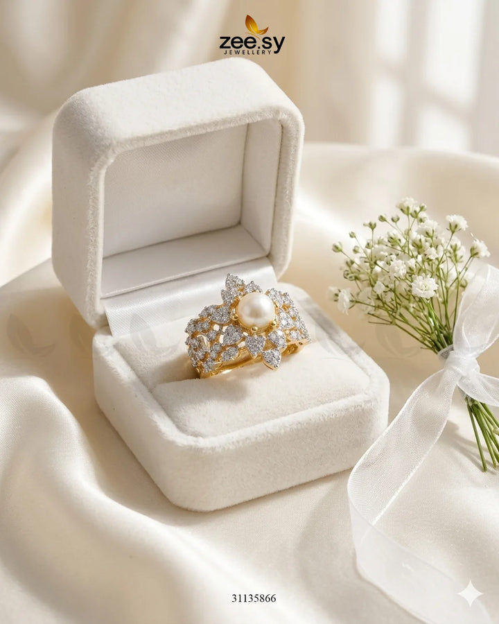 Elegant Center Stone Ring Golden Pearl Finger Ring - Zeesy Jewellery Pakistan | Premium Artificial & Imitation Jewellery