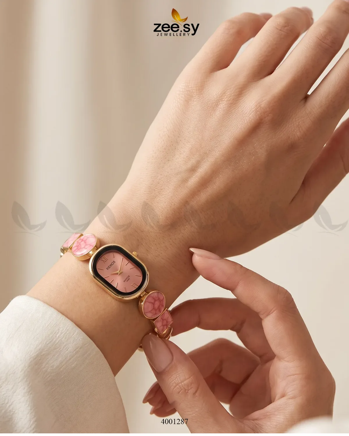 Elegant pastel red wrist watch by AJ03 with a sleek design, featuring a round dial and matching strap, perfect for accessories.