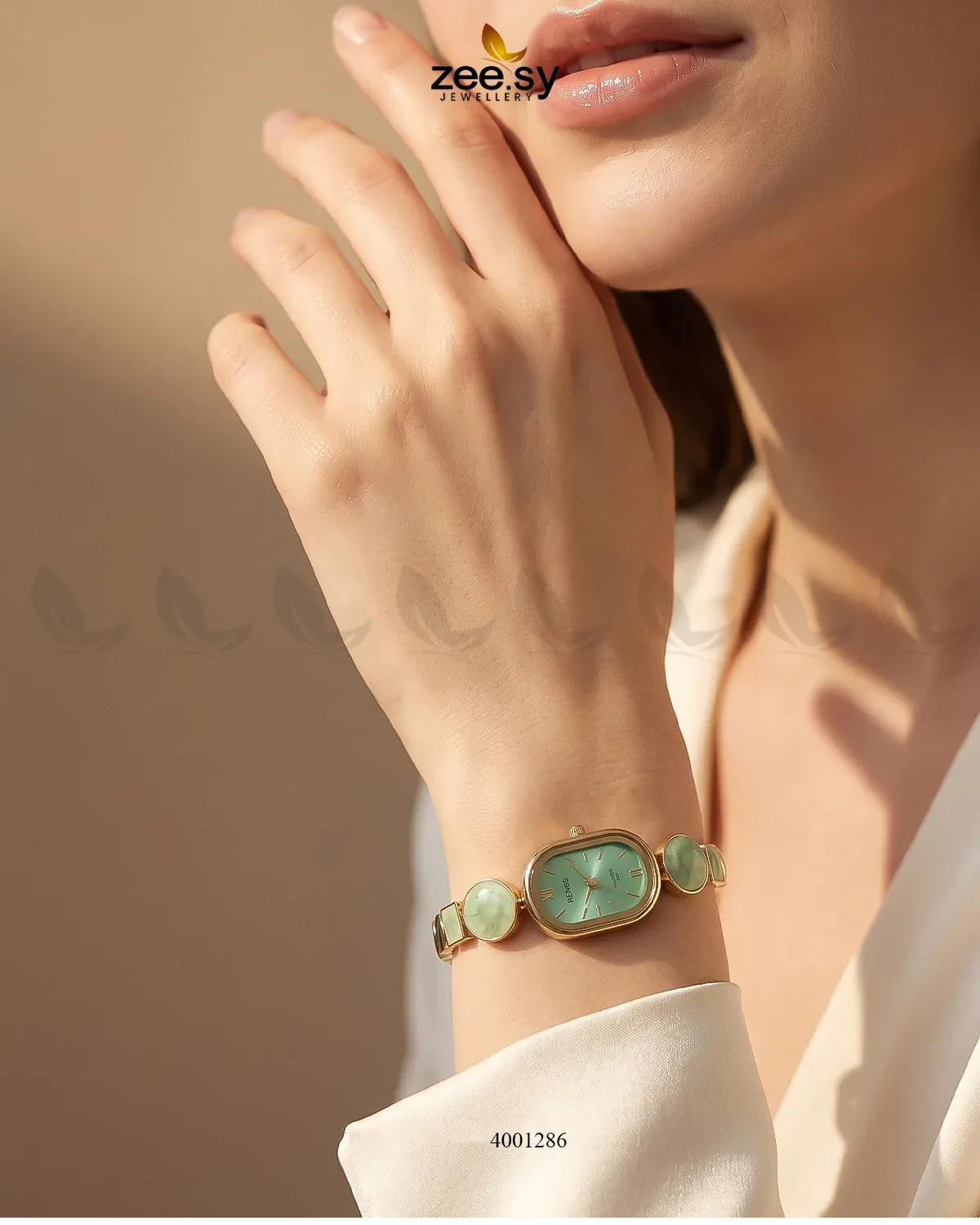 Elegant pastel green wrist watch from AJ03, showcasing a sleek design and stylish accessories for everyday wear.
