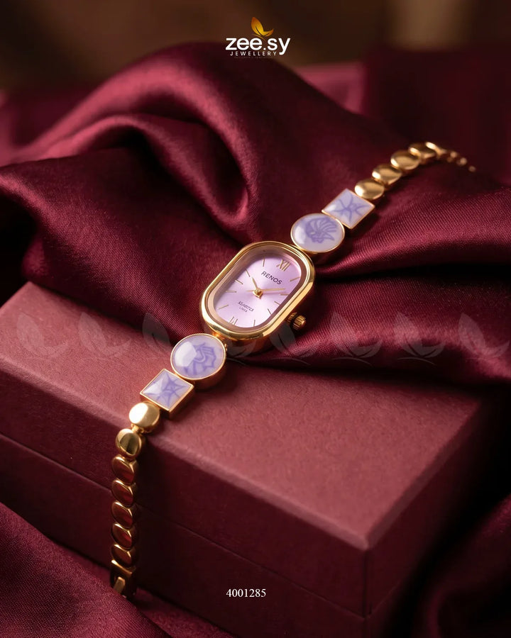 Elegant pastel purple wrist watch from AJ03 with a sleek design, showcasing a round dial and fashionable accessories.
