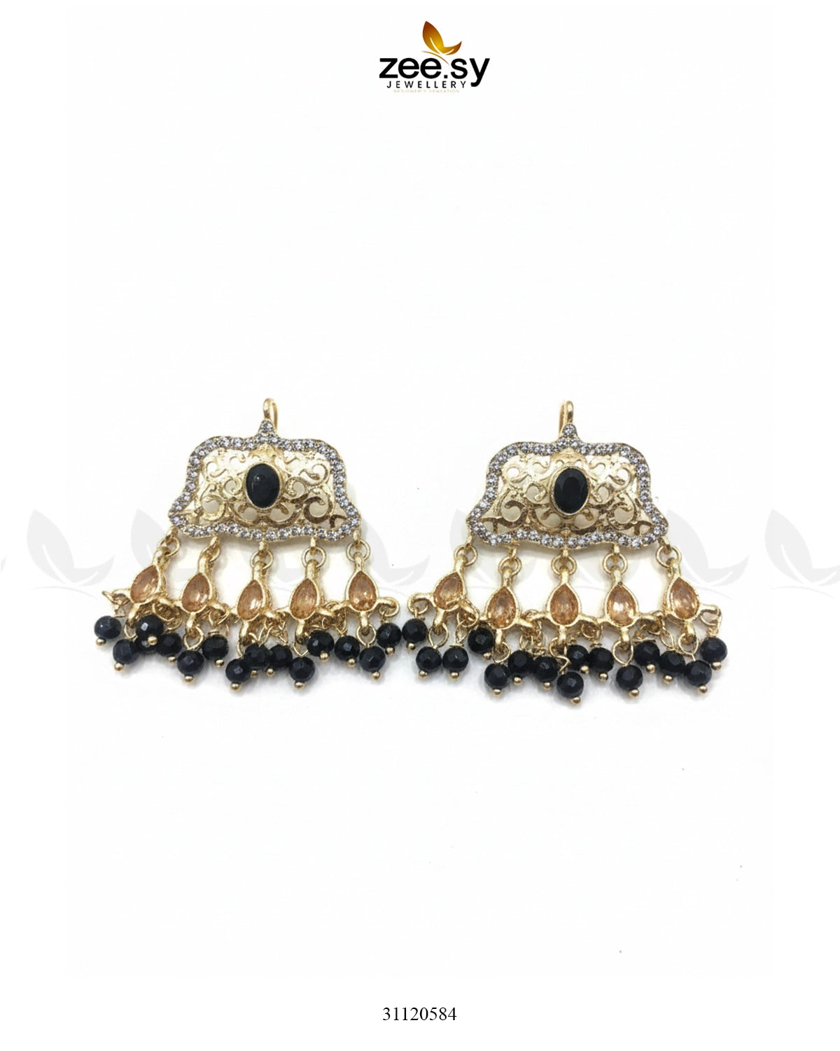 Elegant Tassel Moti Work Earrings Golden Black - Zeesy Jewellery