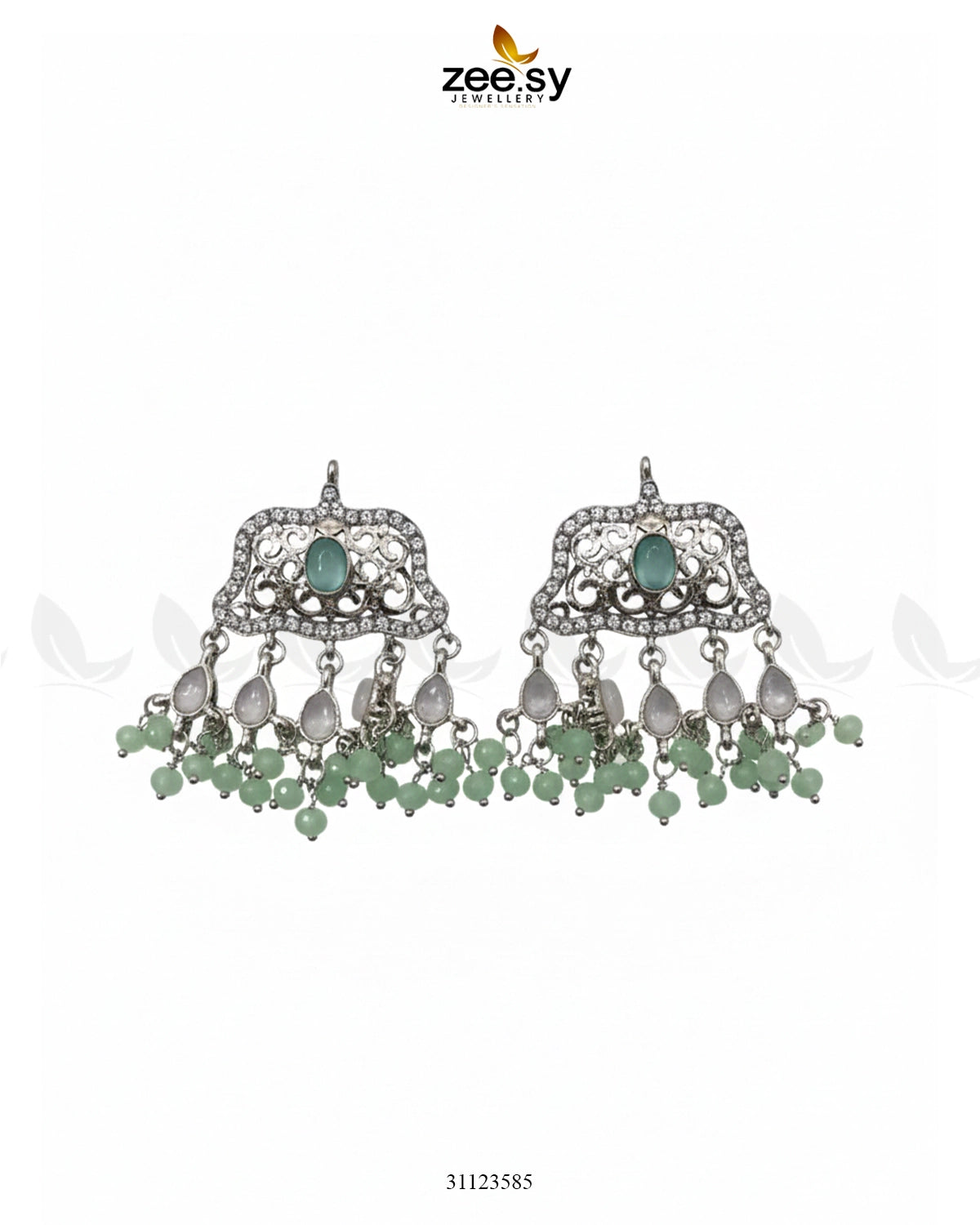 Elegant Tassel Moti Work Earrings Silver Mint Green - Zeesy Jewellery