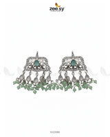 Elegant Tassel Moti Work Earrings Silver Mint Green - Zeesy Jewellery