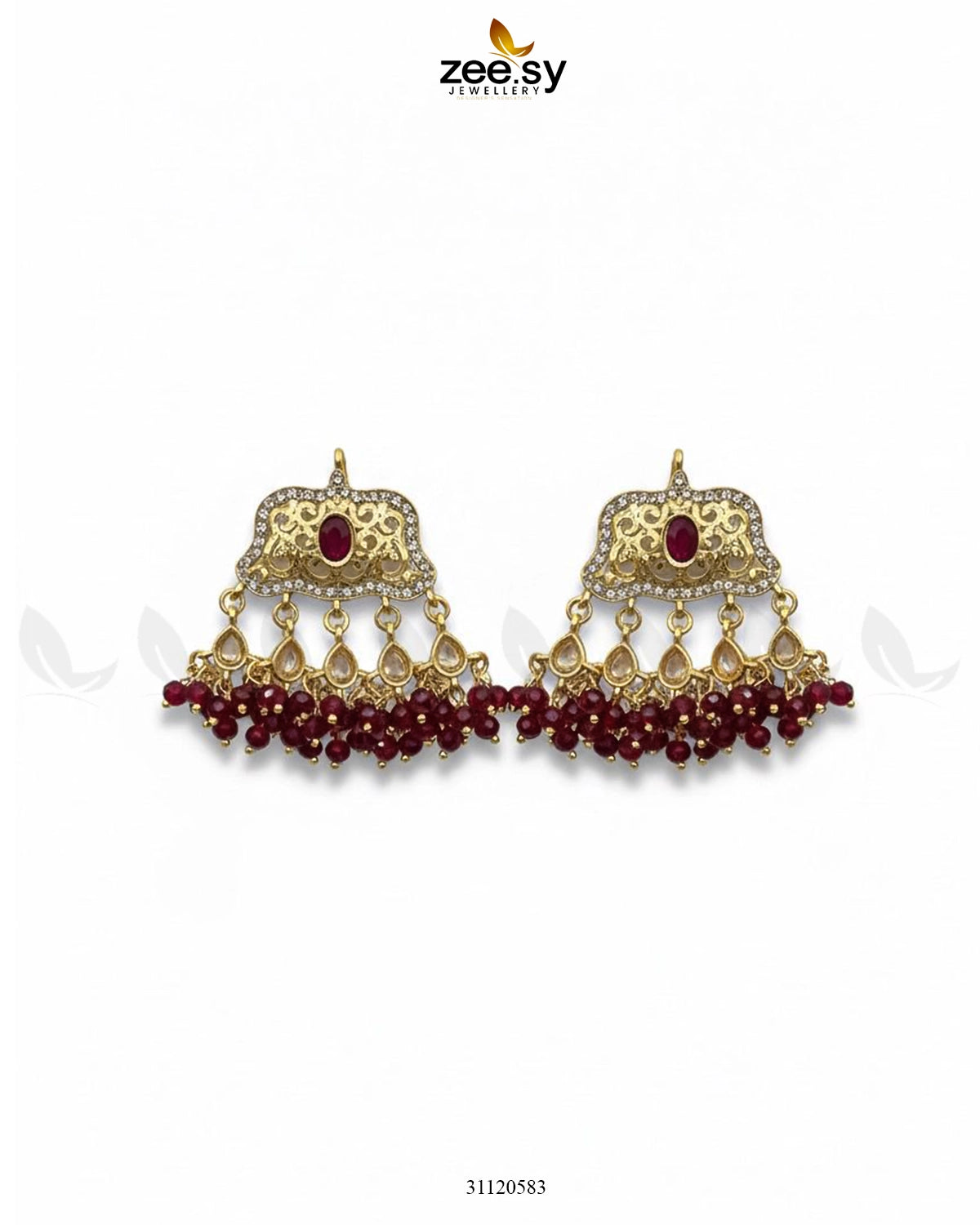 Elegant Tassel Moti Work Earrings Golden Red - Zeesy Jewellery
