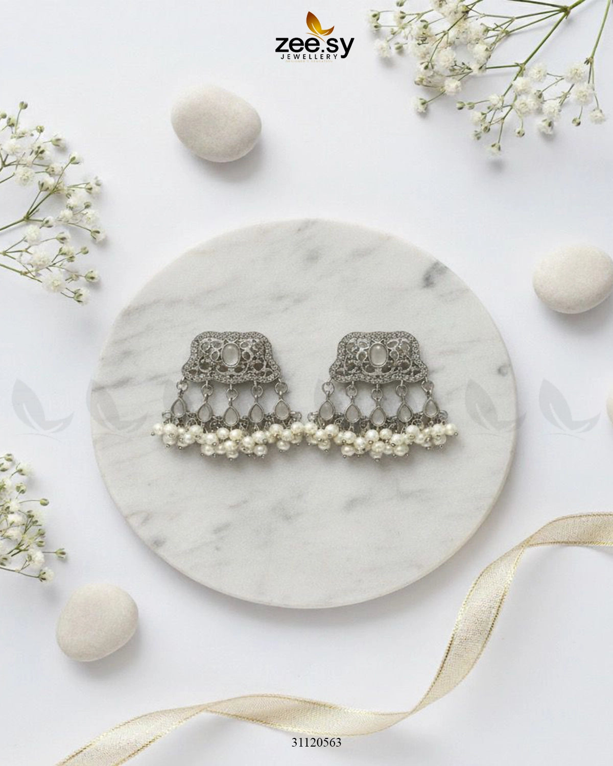 Elegant Tassel Moti Work Earrings Silver White - Zeesy Jewellery