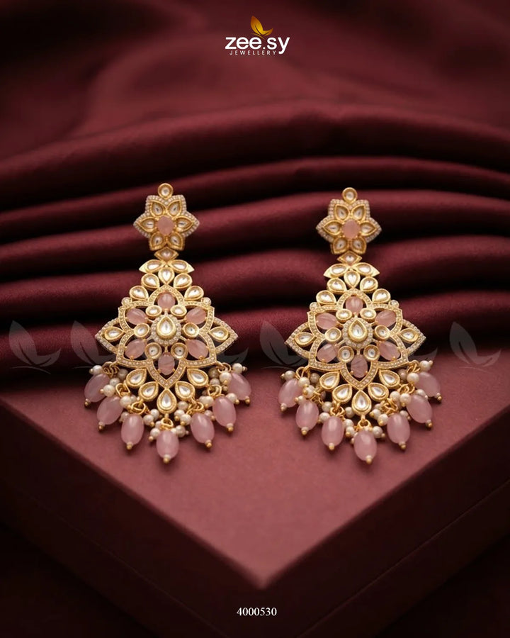 Elysian Carved Kundan Chandbalis Earrings Golden Mint Pink Earrings - Zeesy Jewellery Pakistan | Premium Artificial & Imitation Jewellery