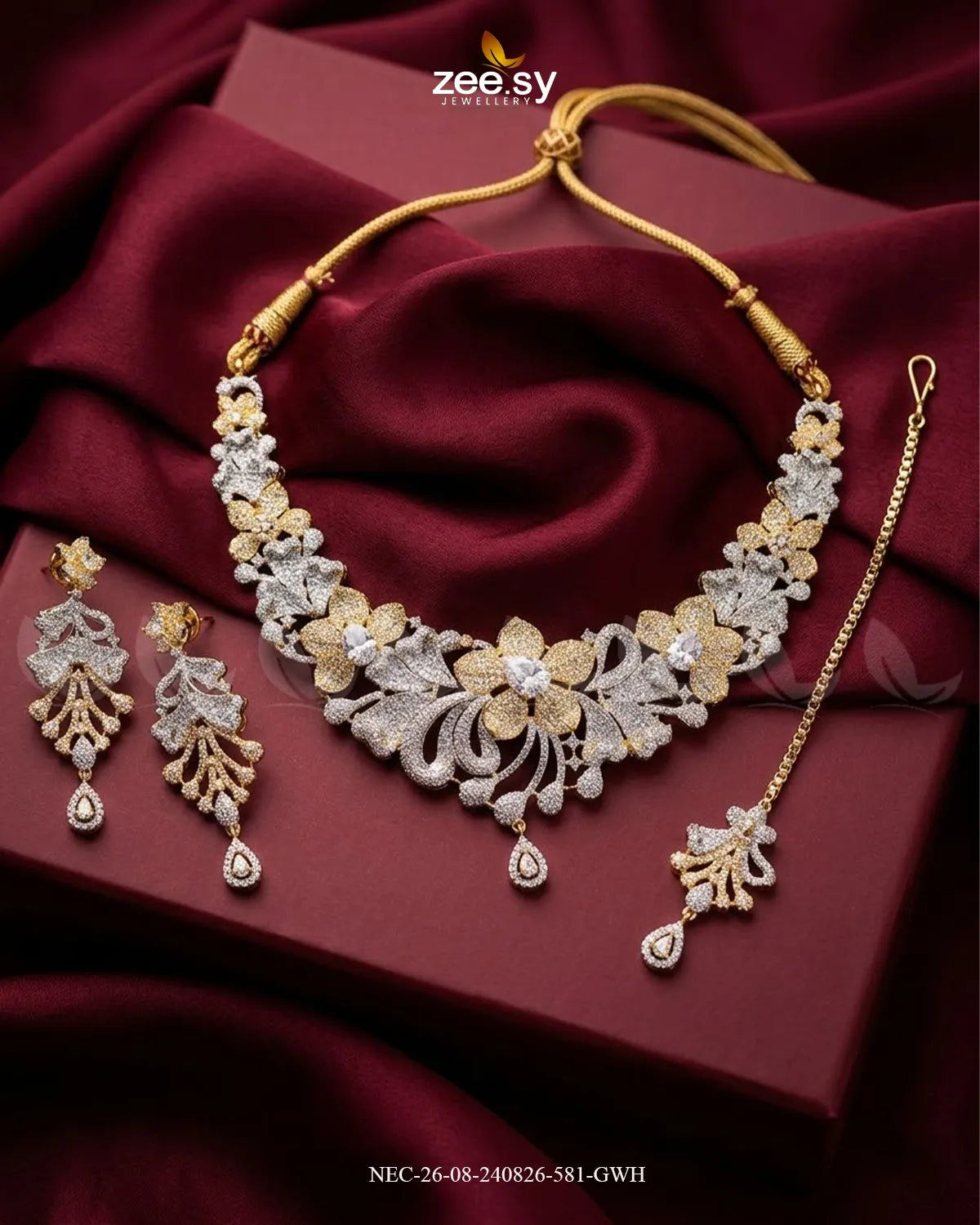 Elysian Floral Zirconia Necklace Set Golden White Necklace Sets - Zeesy Jewellery Pakistan | Premium Artificial & Imitation Jewellery
