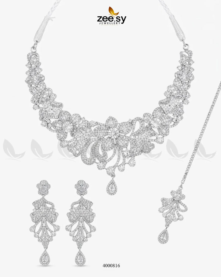 Elysian Floral Zirconia Necklace Set Necklace Sets - Zeesy Jewellery Pakistan | Premium Artificial & Imitation Jewellery