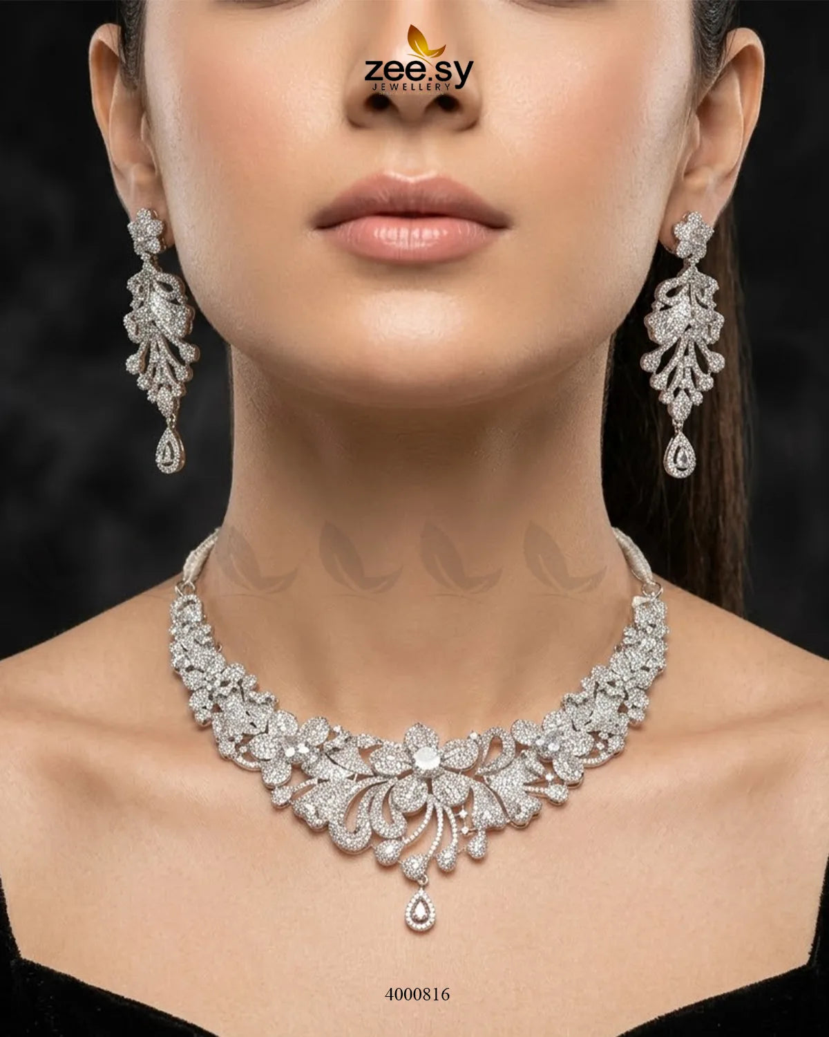 Elysian Floral Zirconia Necklace Set Necklace Sets - Zeesy Jewellery Pakistan | Premium Artificial & Imitation Jewellery
