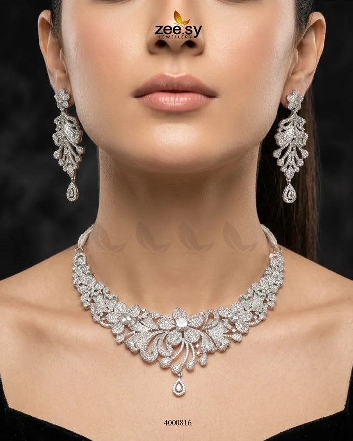 Elysian Floral Zirconia Necklace Set Necklace Sets - Zeesy Jewellery Pakistan | Premium Artificial & Imitation Jewellery